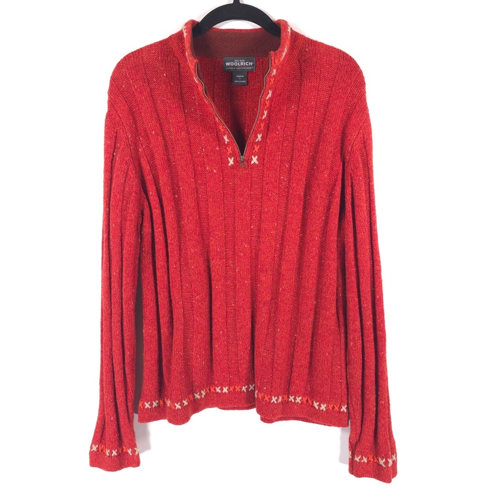 WOOLRICH WOOL RAMIE Blend Ruby Heather 1/4Zip Rib Sweater Bittersweet 9506 LARGE